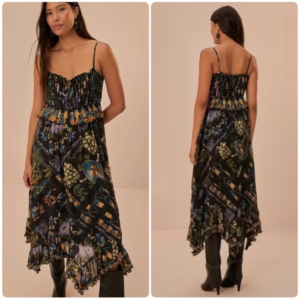 FARM Rio Winter Garden Black Pleated Lace Sleeveless Midi Handkerchief Hem Dress